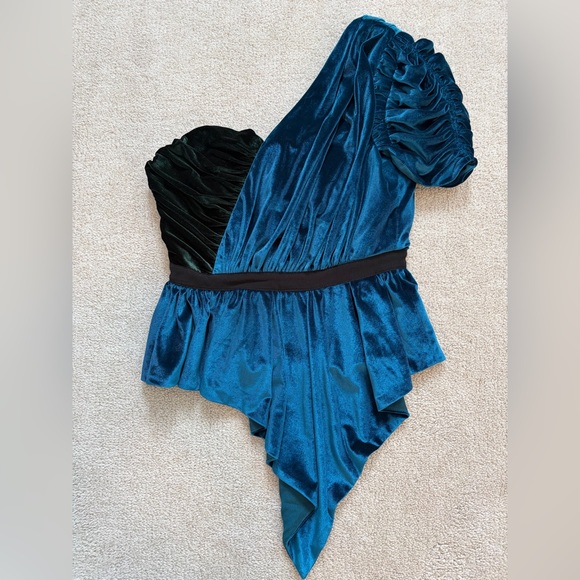 Self-Portrait Tops - Self-Portrait Velvet Teal and Green Asymmetrical Top